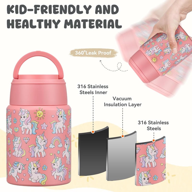 Aimsnk 17oz Soup Thermo for Hot Food Kids Insulated Food Jar,Thermo Hot Food Lunch Container, Width Mouth Stainless Steel Lunch Box for Kids with Handle Folding Spoon (Pink-Unicorn) - Image 4